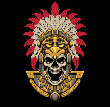 Vector illustraion of aztec skull warrior with vintage style drawing