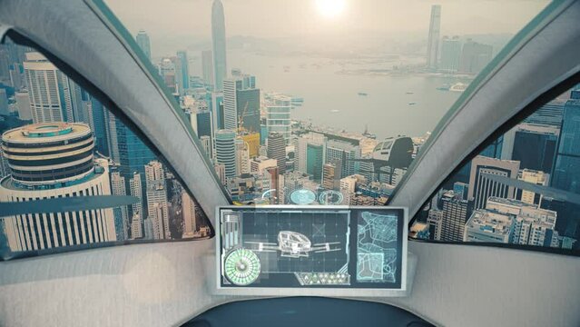 Group of autopilot taxi and deliverys drones flying above big city center at the sunrise. POV cockpit view at Hong Kong city and flying taxi. 