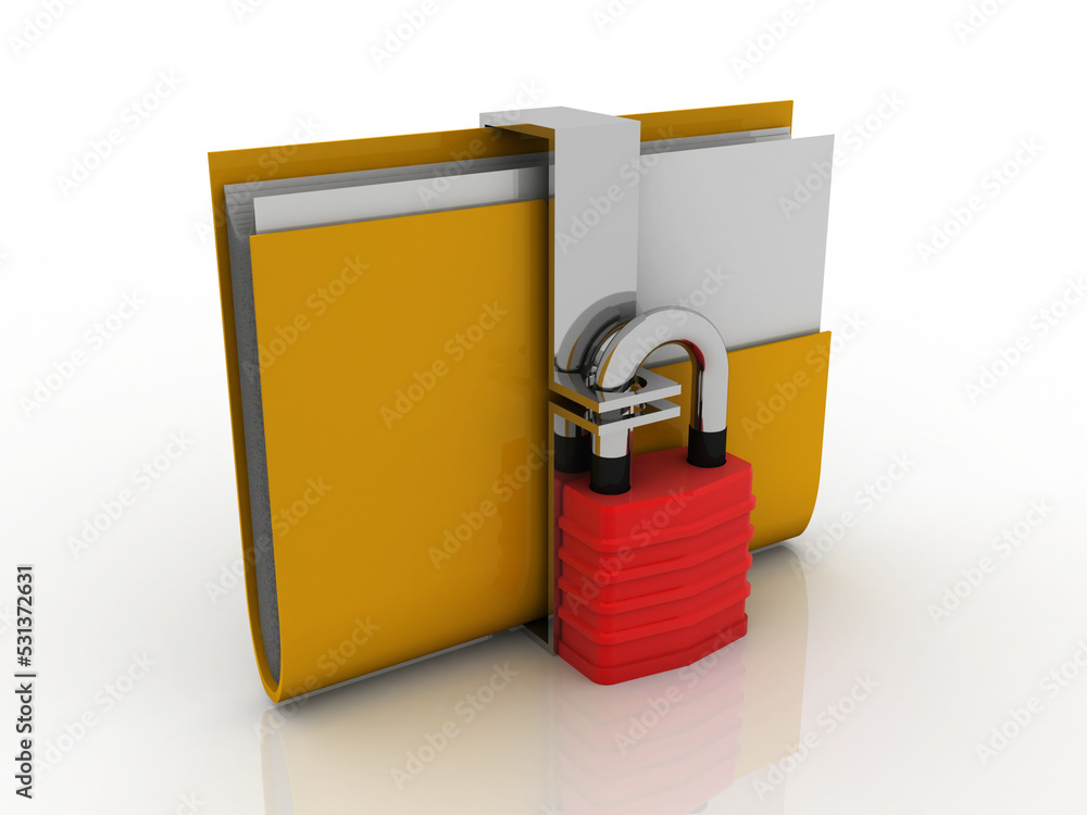 Poster 3d rendering yellow folder and lock. data security concept