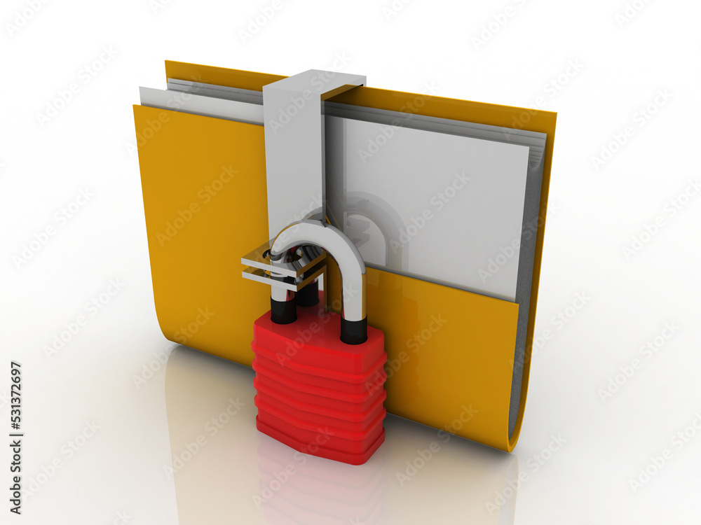Poster 3d rendering yellow folder and lock. data security concept