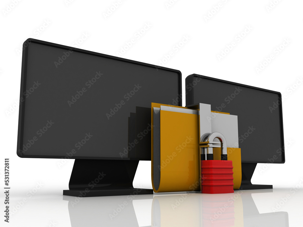 Poster 3d rendering folder lock with computer