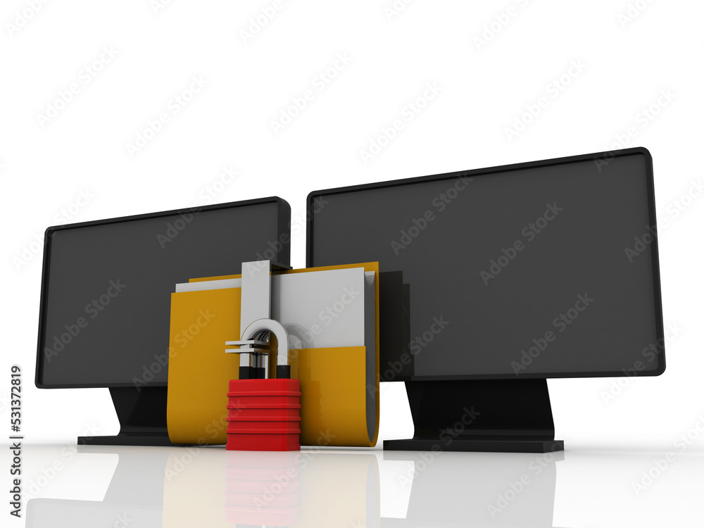 Poster 3d rendering folder lock with computer