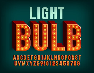 Light bulb alphabet font. 3D retro letters and numbers with light bulbs. Stock vector typeset for your design.