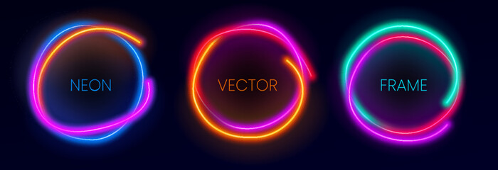 Set of glowing neon frames. Collection of line neon borders. Abstract background in vibrant colors with copy space. Stock vector futuristic design elements.