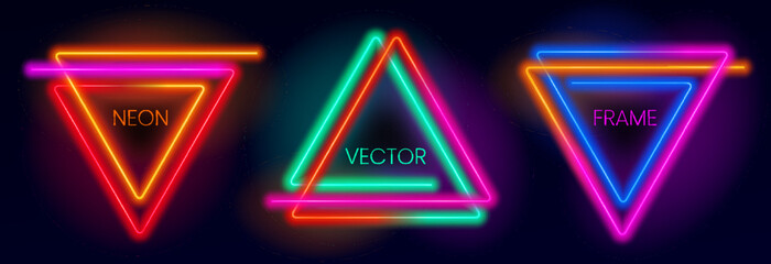 Set of glowing neon frames. Collection of triangle neon borders. Abstract background in vibrant colors with copy space. Stock vector futuristic design elements.
