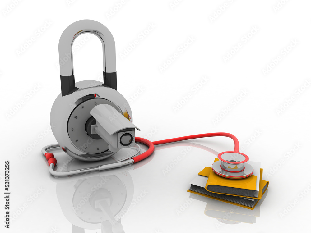 Poster 3d rendering folder with cctv camera protection lock connected stethoscope