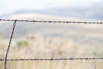 Selective focus of two strands of barbed wire fence in a field with bokeh