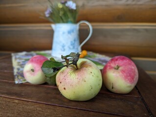 Ukrainian organic apple with leaves, close-up