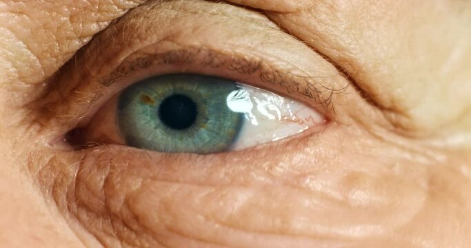 Moving eye, sight and vision of senior person eyeball. Health, medical eye exam and macro close up of blue eyes of a old person who is looking around and blinking while thinking or contemplating