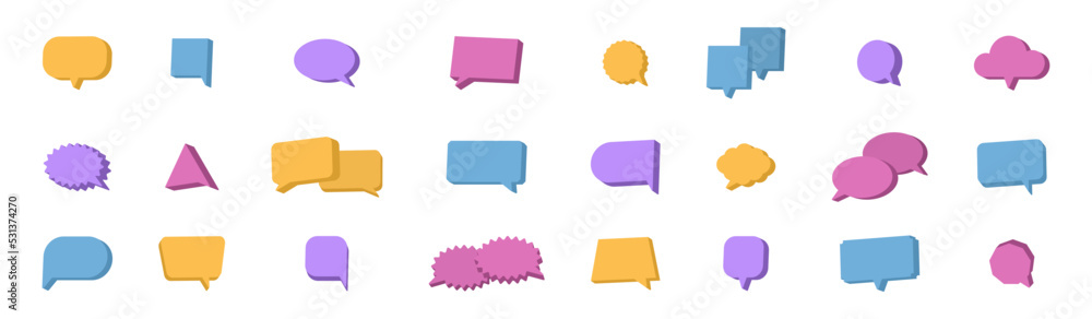 Poster speech balloon 3d color set. comment geometric bubble. chat message icon. social media banner. dialo