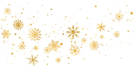 Snowflakes golden wave composition. Snow fall. Christmas gold celebration long banner. Winter design. Happy New Year card. Holiday background. Season greeting. Glitter luxury card.Vector illustration