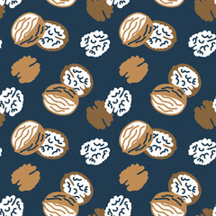 Seamless pattern with walnuts on a background of leaves. Walnut harvest. Illustration in a flat, contour, cartoon style. Design element for product packaging with walnuts and printing on textiles.