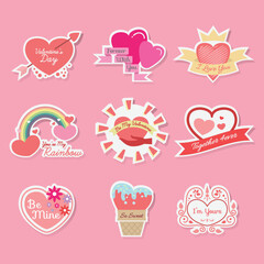 Fototapeta na wymiar Valentine's day sticker badges and labels flat hand drawn cartoon
