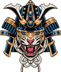 Vector illustration of tiger wearing samurai helmet and mask with sword and japanese flower