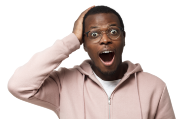 Headshot of handsome surprised black man looking at the camera, astonished with big sale prices, holding hand on head