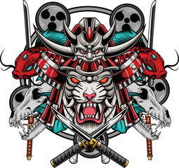 Vector illustration of tiger wearing samurai helmet and mask with sword and japanese flower