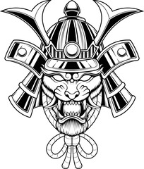 Naklejka premium Vector illustration of tiger wearing samurai helmet and mask with sword and japanese flower