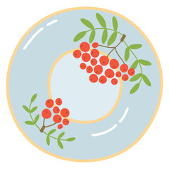 Ceramic plate. Kitchenware. Porcelain dish with decorative element. Hand drawn ornamented dishware. Illustration.