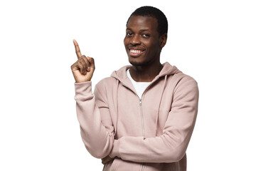 Attractive young black man in pink hoodie pointing up with his finger isolated