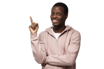 Attractive young black man in pink hoodie pointing up with his finger isolated