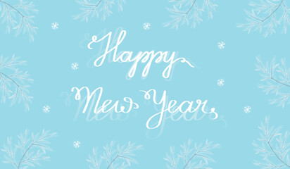 Happy new year postcard. Vector horizontal illustration with fir-tree and greetings. 