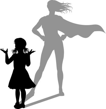 recommend clip art: A superhero child or kid girl revealed by her shadow silhouette as a super hero in a cape.