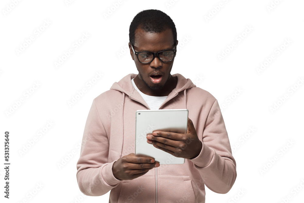 Poster Horizontal closeup of young African American man pictured wearing casual clothes and spectacles, casting astonished look