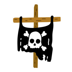 Pirate flag on wooden cross sketch. Skull with bones emblem. Doodle hand drawn illustration