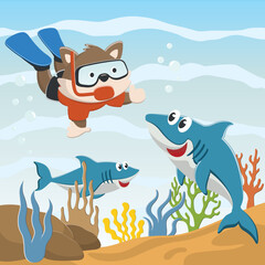 Obraz na płótnie Canvas Vector illustration of cute little fox diving in undersea adventure on a background of beautiful blue water