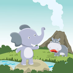 Obraz na płótnie Canvas Cute little elephant and little hippo play around swamp. Funny Kid Graphic Illustration. T-Shirt Design for children. Creative vector childish background for wallpaper, poster and other decoration.