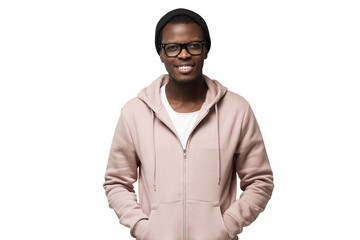 Horizontal shot of young positive handsome African male pictured standing in calm relaxed posture in pink hoodie