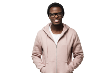 Horizontal shot of young positive handsome African male pictured standing in calm relaxed posture in pink hoodie