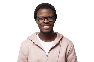 Close up portrait of smiling handsome black guy in pink hoodie, isolated