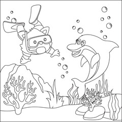 Vector cartoon illustration of little bear and dolphine diving in undersea with cartoon style Childish design for kids activity colouring book or page.