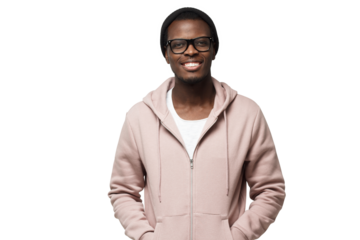 Portrait of smiling handsome african american guy in pink hoodie standing isolated