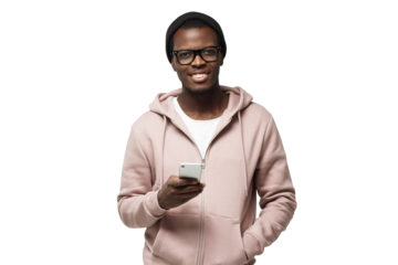 Closeup portrait of young African American man in casual clothes and spectacles pictured holding cellphone in hand