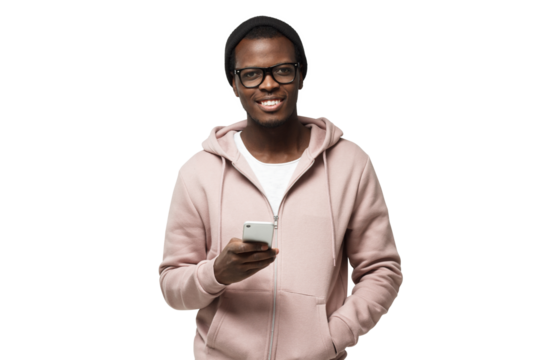 Closeup portrait of young African American man in casual clothes and spectacles pictured holding cellphone in hand