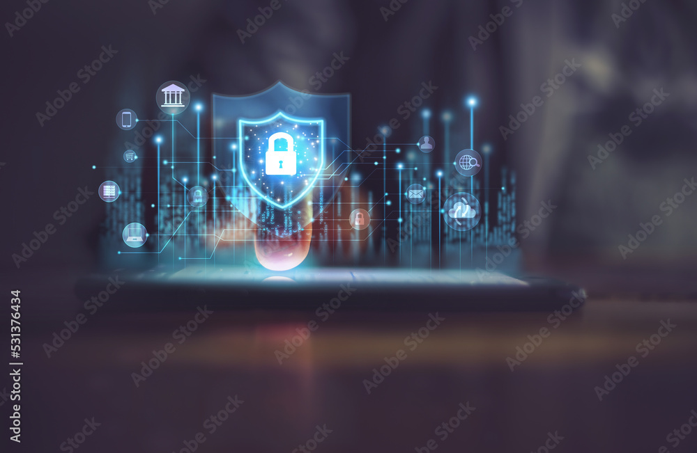 Poster businessman using smartphone network security system. personal data information .information and cyb