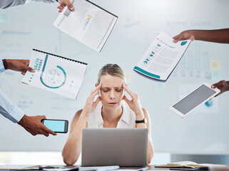 Stress, anxiety and business woman working under pressure with mental health burnout in busy, task...