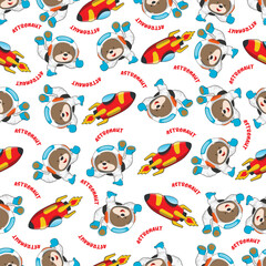 Childish seamless pattern with cute bear astronaut on space. Can be used for t-shirt print, Creative vector childish background for fabric textile, nursery wallpaper and other decoration.