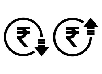 Set of cost symbol rupee increase and decrease icon. Money vector symbol isolated on background