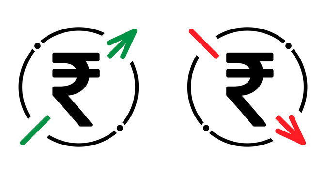 Set of cost symbol rupee increase and decrease icon. Money vector symbol isolated on background