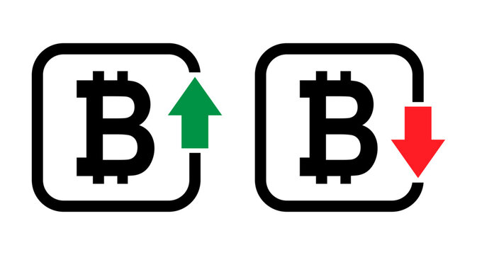 Set of cost symbol bitcoin increase and decrease icon. Money vector symbol isolated on background