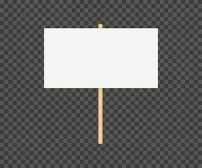 Picket banner frame. Blank demonstration banner mock up. Empty protest placard with wooden poles. Realistic politic strike board mockup. Vector illustration isolated on transparent background.