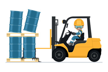 Forklift accident. Fork lift truck hitting barrel of hydraulic or petroleum oil, toxic materials. Forklift driving safety. Security First. Industrial Safety and Occupational Health