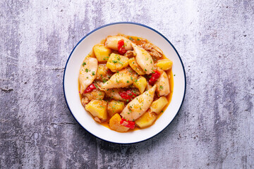 Squid stew with red peppers. Typical Spanish tapa recipe.