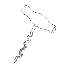 Corkscrew. Tableware. Kitchen utensils, kitchen utensils. A design element for menu design, recipes and food packaging. Hand-drawn and highlighted on a white background.