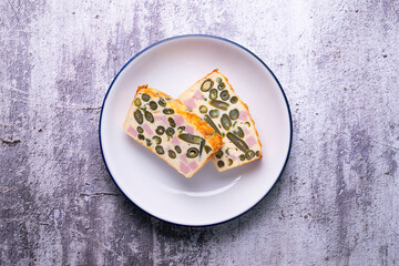 Green bean and ham pie. Typical Eastern Europe recipe.
