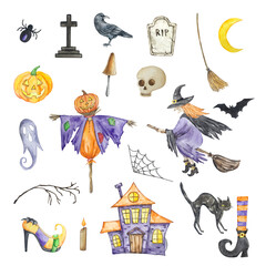 Watercolor halloween set of witch, scarecrow, haunted house and other elements