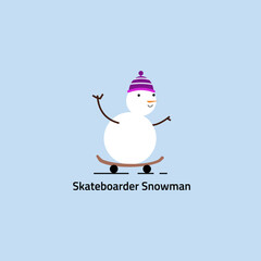 Logo of a snowman with a purple cape playing a skateboard.